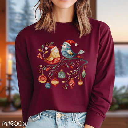 Folk Art Christmas Birds Long Sleeve Tee