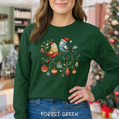 Folk Art Christmas Birds Long Sleeve Tee
