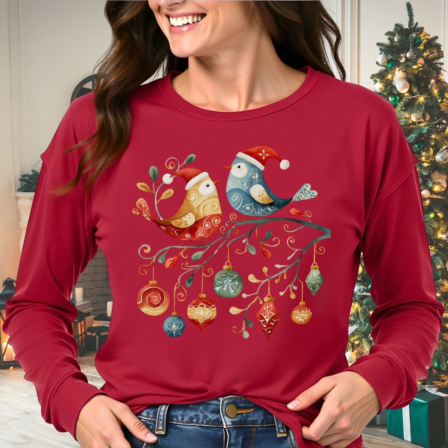 Folk Art Christmas Birds Long Sleeve Tee