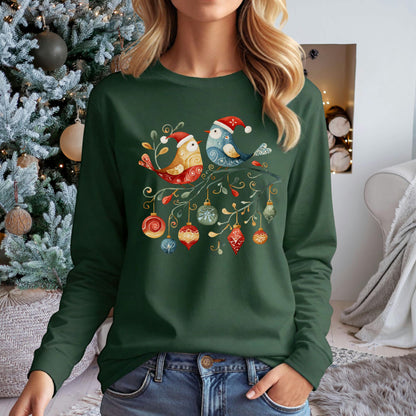 Folk Art Christmas Birds Long Sleeve Tee