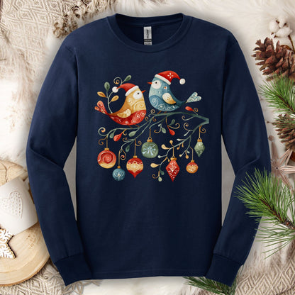 Navy long sleeve tee with folk art sparrow and bluebird in Santa hats on a festive branch with ornaments.