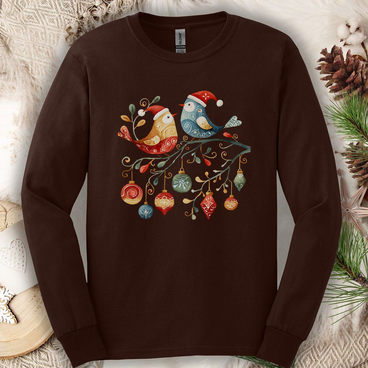 Folk Art Christmas Birds Long Sleeve Tee