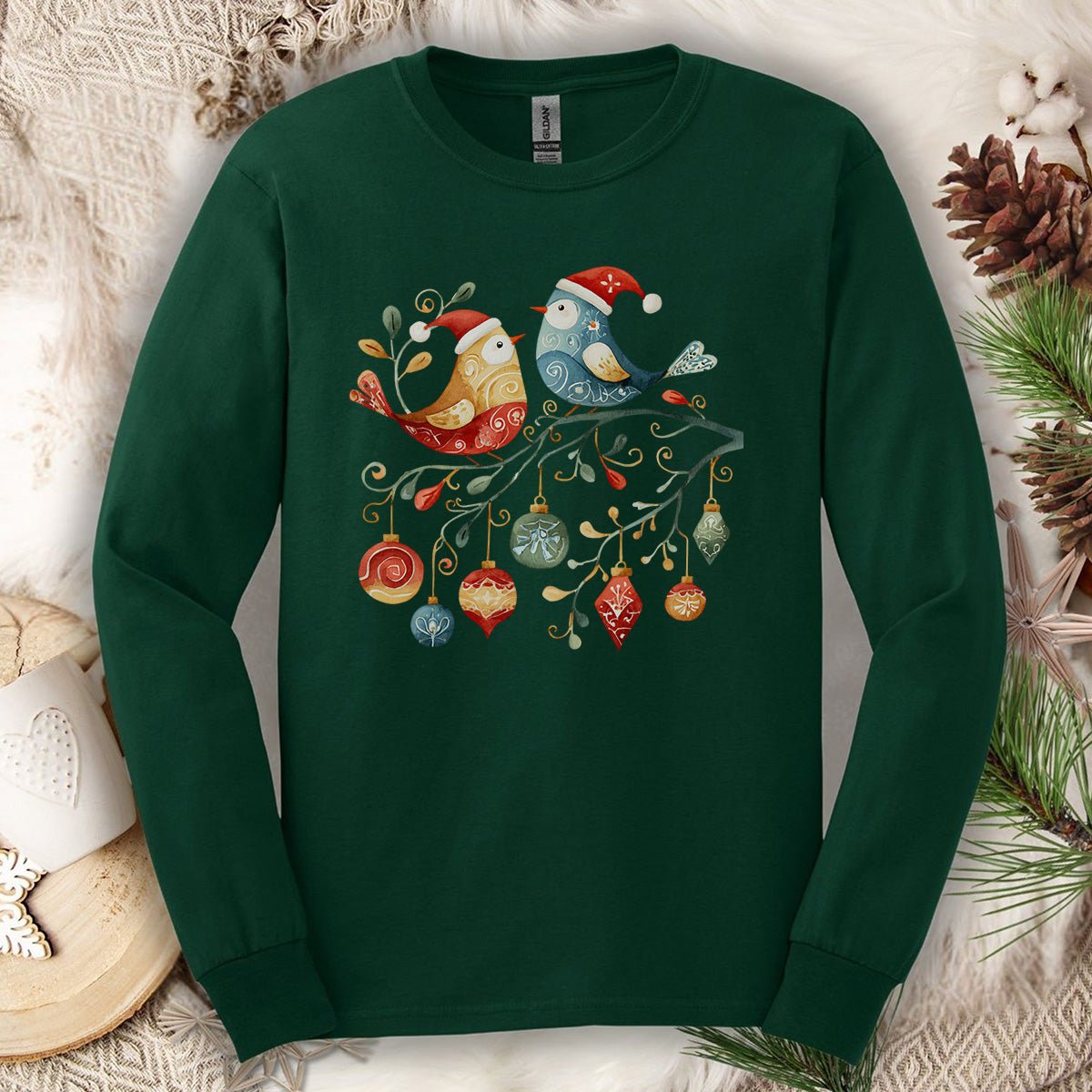Folk Art Christmas Birds Long Sleeve Tee