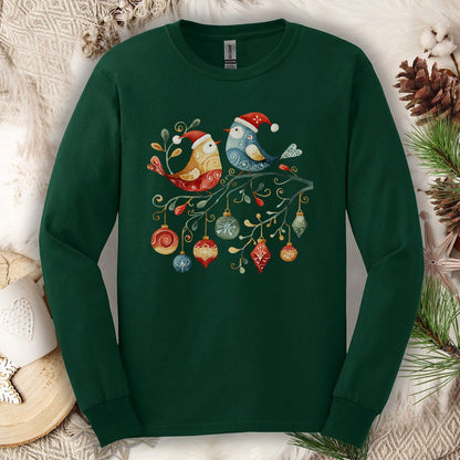 Folk Art Christmas Birds Long Sleeve Tee