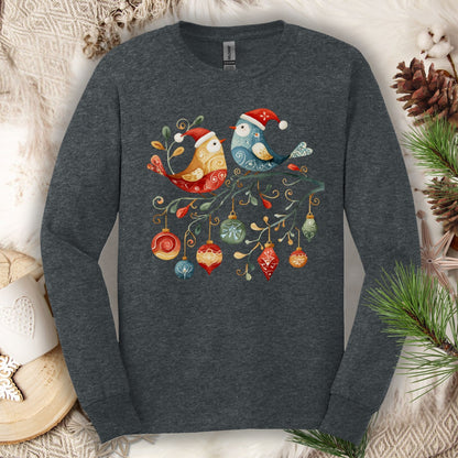 Dark heather long sleeve tee with folk art sparrow and bluebird in Santa hats on a festive branch with ornaments.