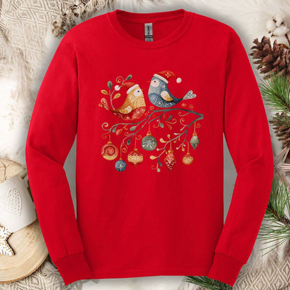 Folk Art Christmas Birds Long Sleeve Tee