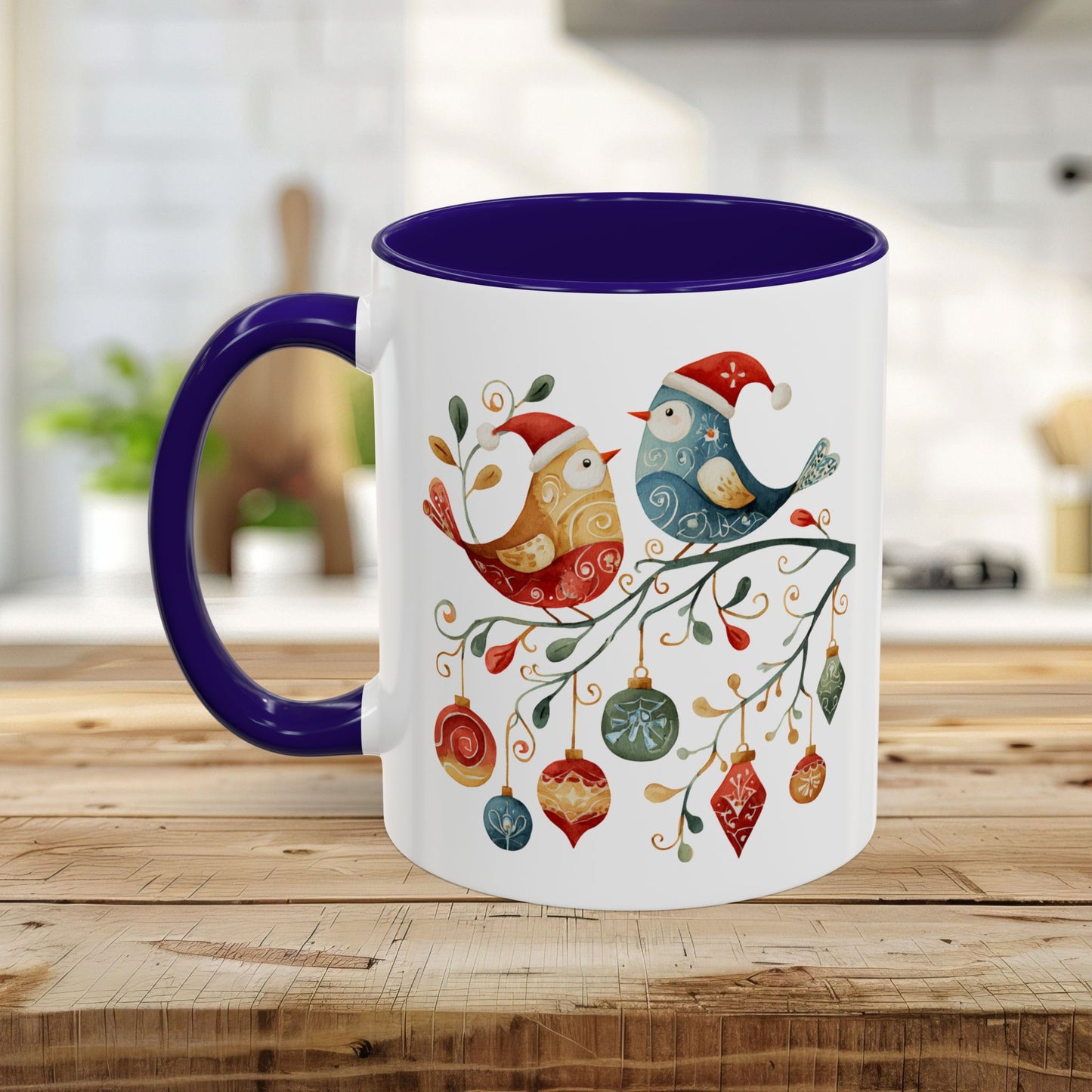 Glossy ceramic mug with folk art Christmas birds, ornaments, and a purple handle/interior.