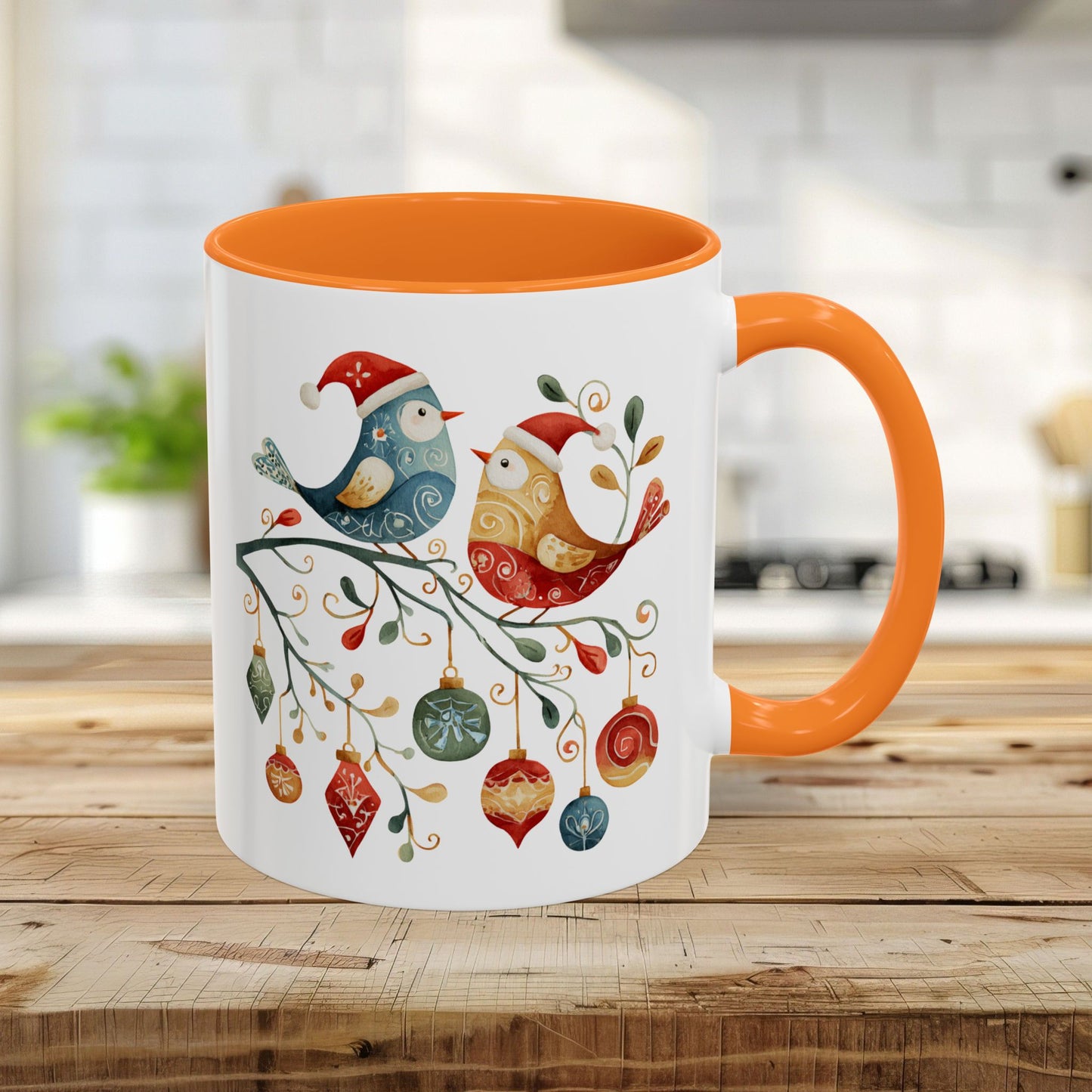 11oz ceramic mug with folk art Christmas birds, ornaments, and a golden yellow interior/handle.
