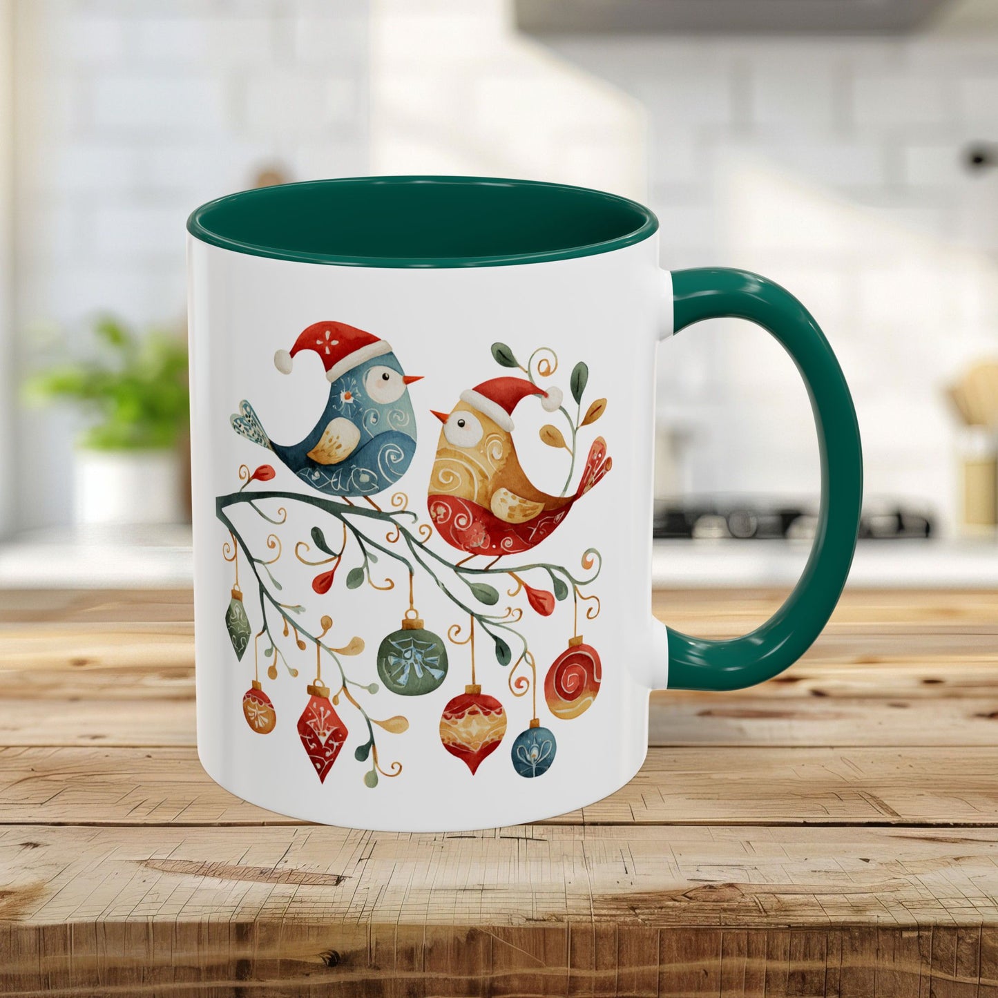 Glossy 11oz ceramic mug with green handle/interior and folk art Christmas birds on a festive branch.