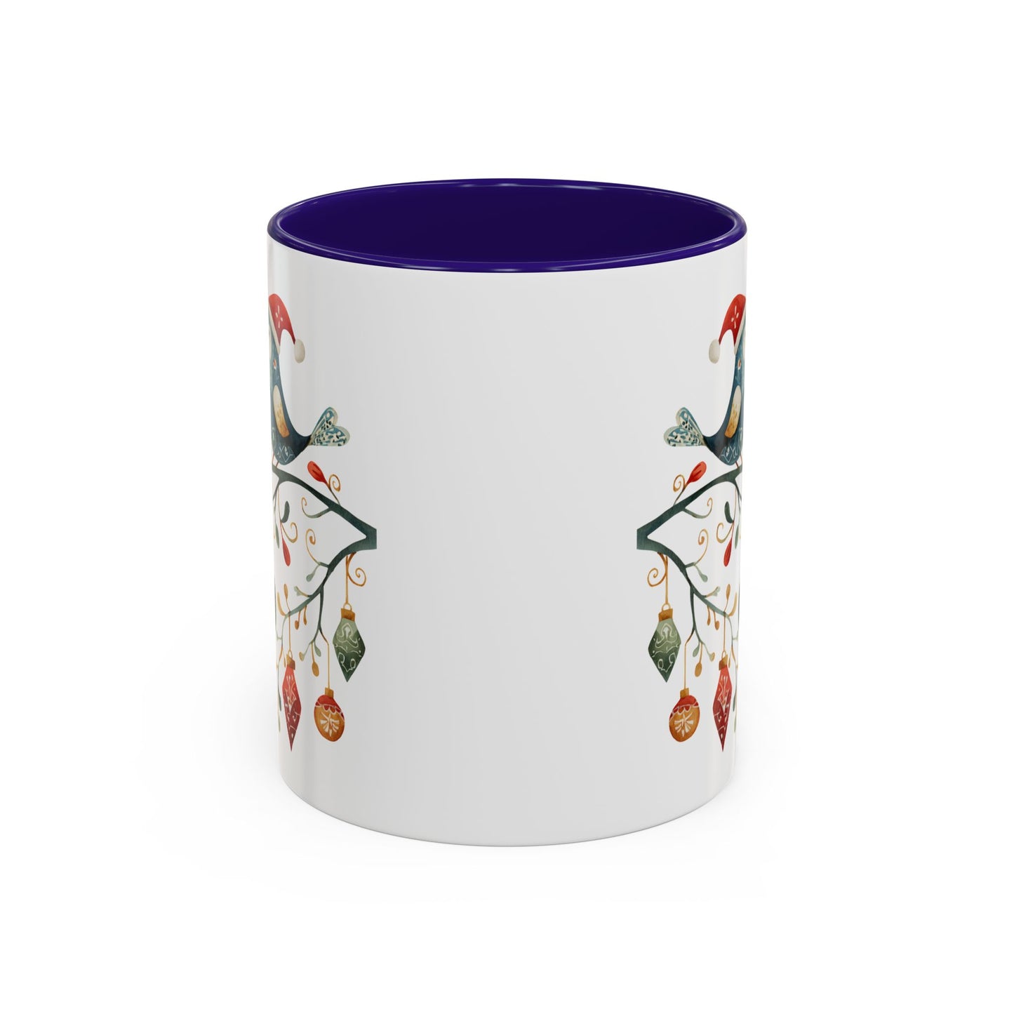 White ceramic mug with purple interior and folk art Christmas birds on a festive branch design.