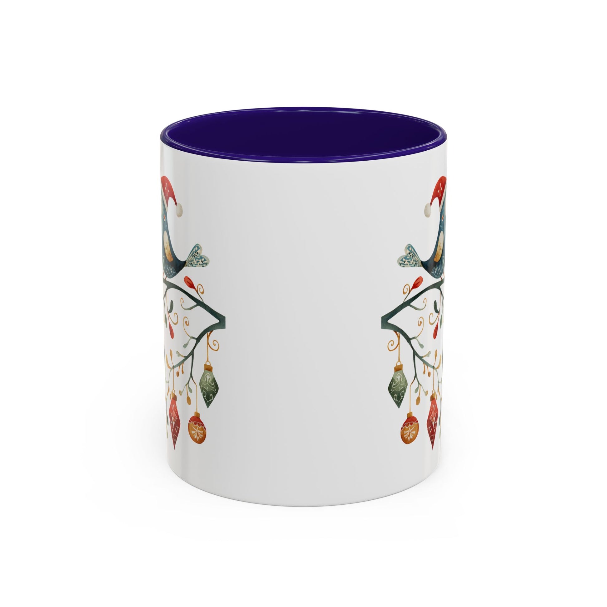 White ceramic mug with purple interior and folk art Christmas birds on a festive branch design.