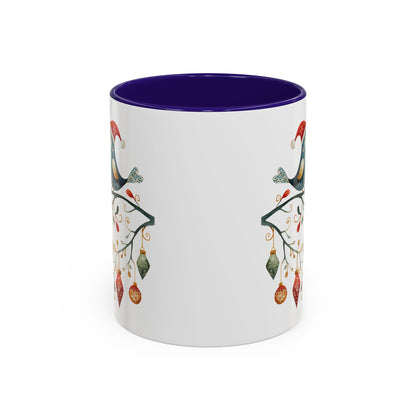 White ceramic mug with purple interior and folk art Christmas birds on a festive branch design.
