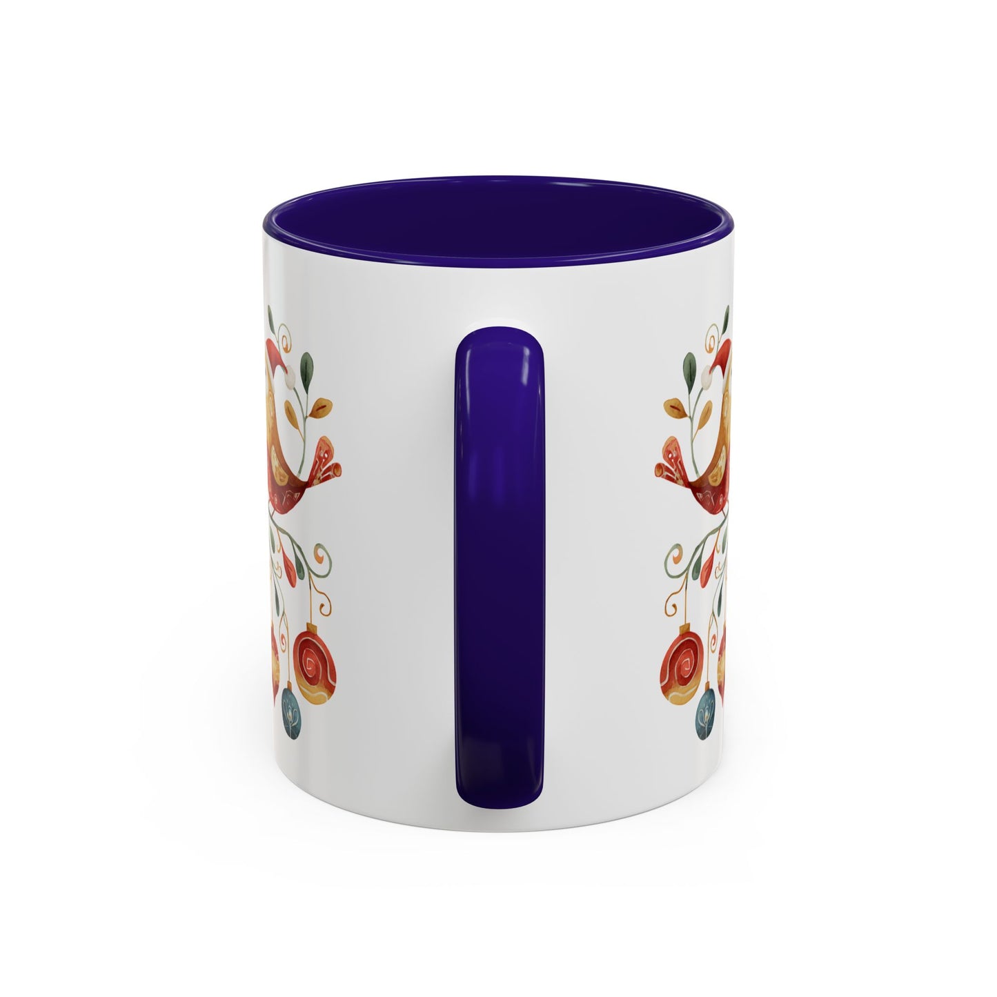 White ceramic mug with purple interior and handle, featuring folk art Christmas birds and ornaments.