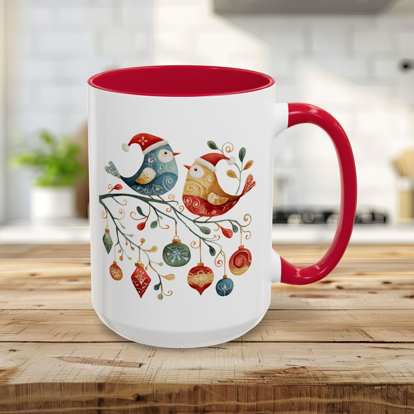 15oz glossy ceramic mug with red interior/handle, folk art Christmas birds, and ornaments.