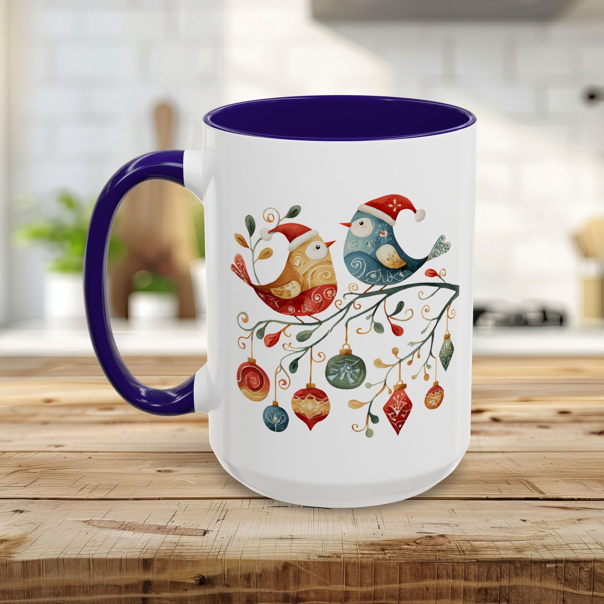 White ceramic mug with purple handle and interior, featuring two folk art Christmas birds on a branch with ornaments.