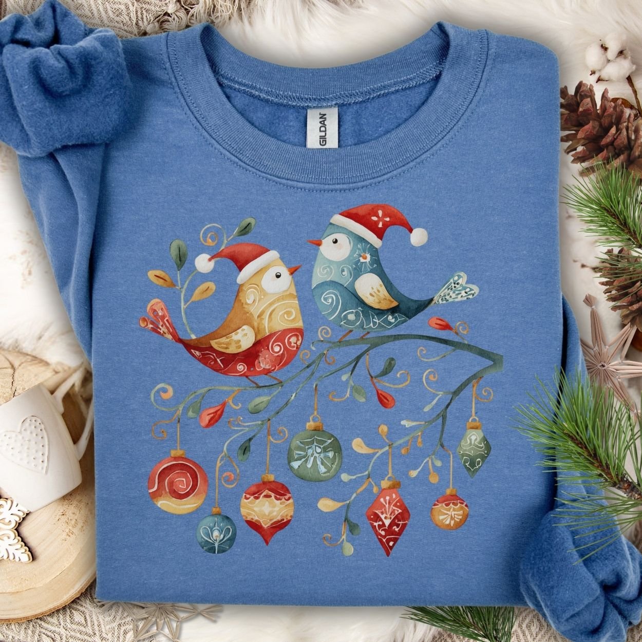 Folk Art Christmas Birds & Ornaments Sweatshirt