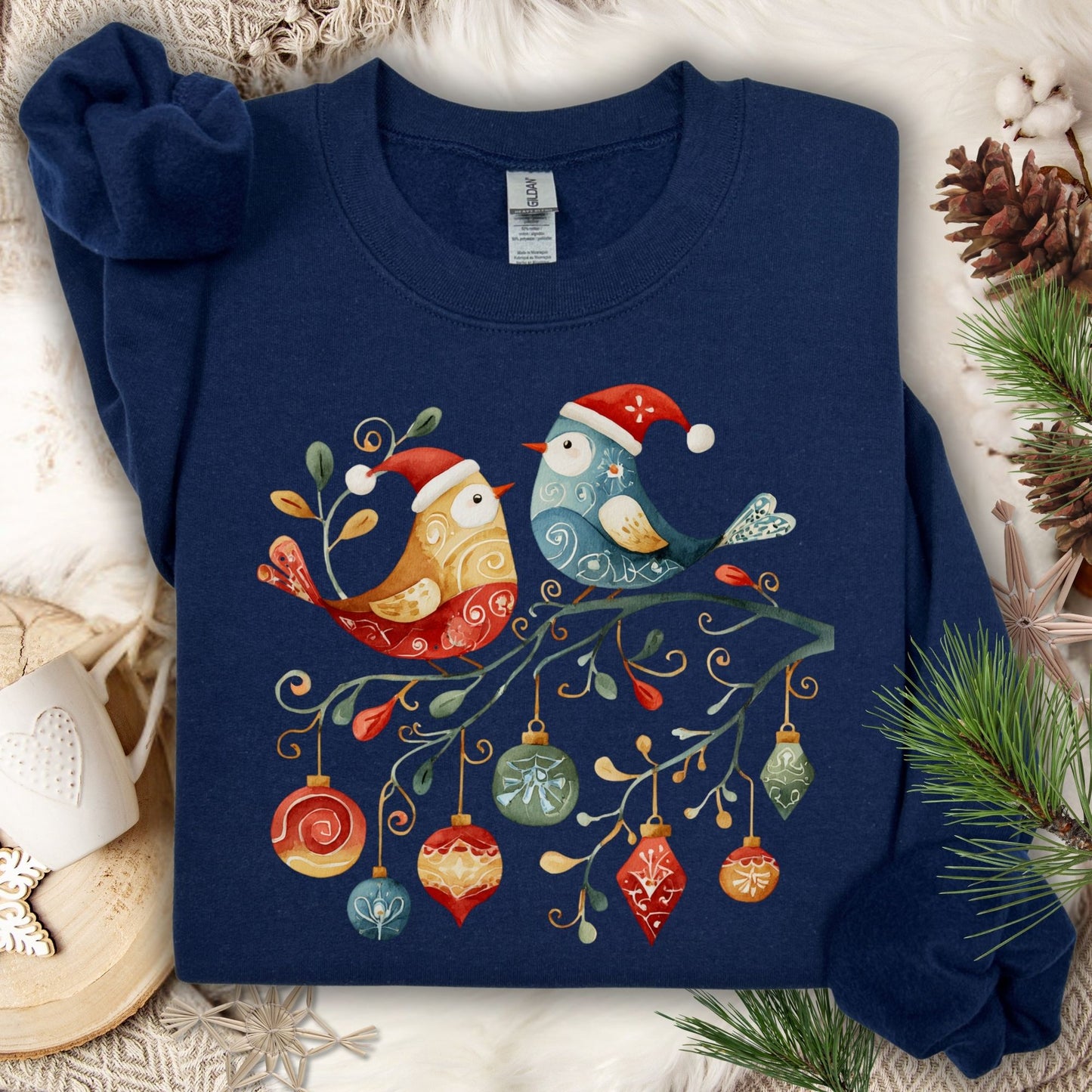 Folk Art Christmas Birds & Ornaments Sweatshirt
