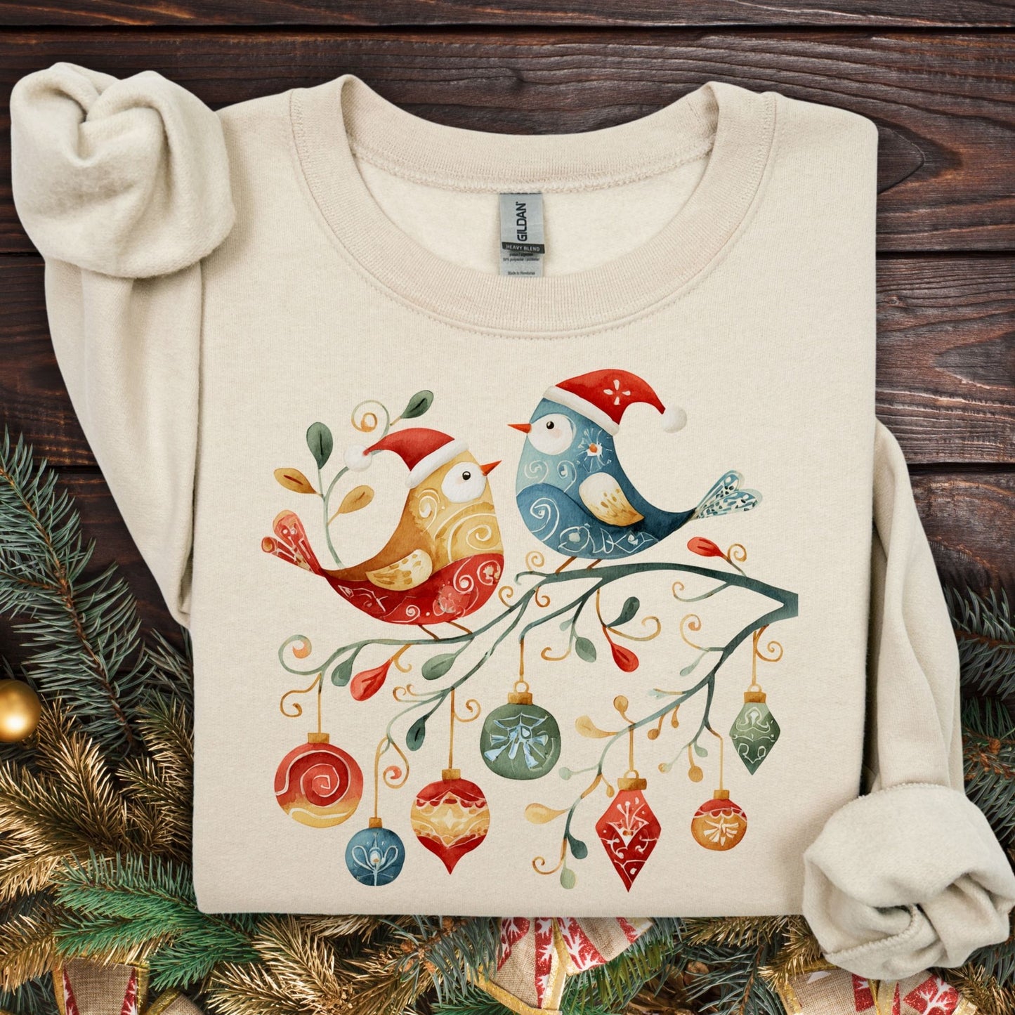 Folk Art Christmas Birds & Ornaments Sweatshirt