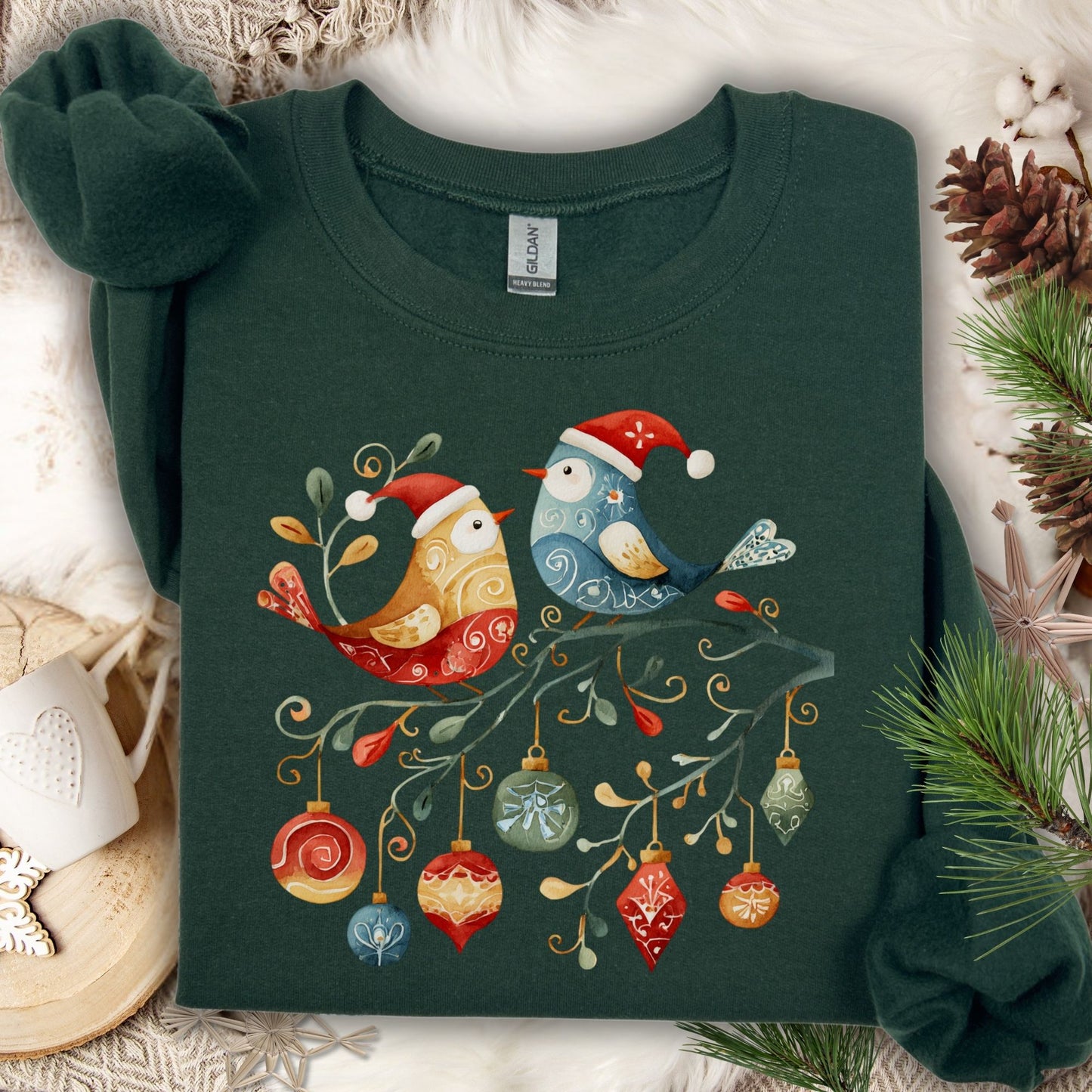 Folk Art Christmas Birds & Ornaments Sweatshirt
