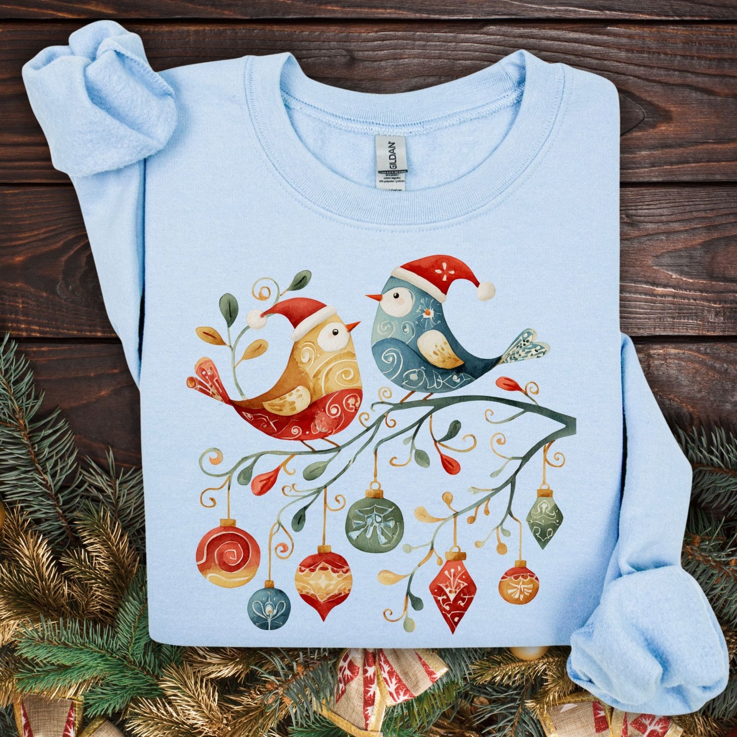 Folk Art Christmas Birds & Ornaments Sweatshirt