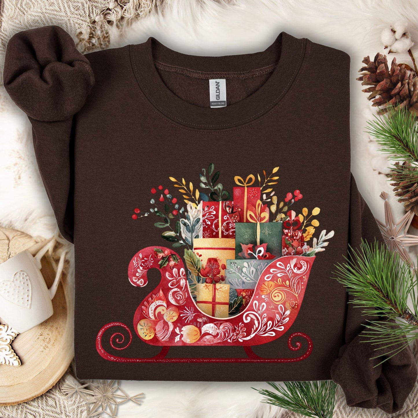 Dark Chocolate Gildan crewneck sweatshirt with a folk art Christmas sleigh brimming with gifts.