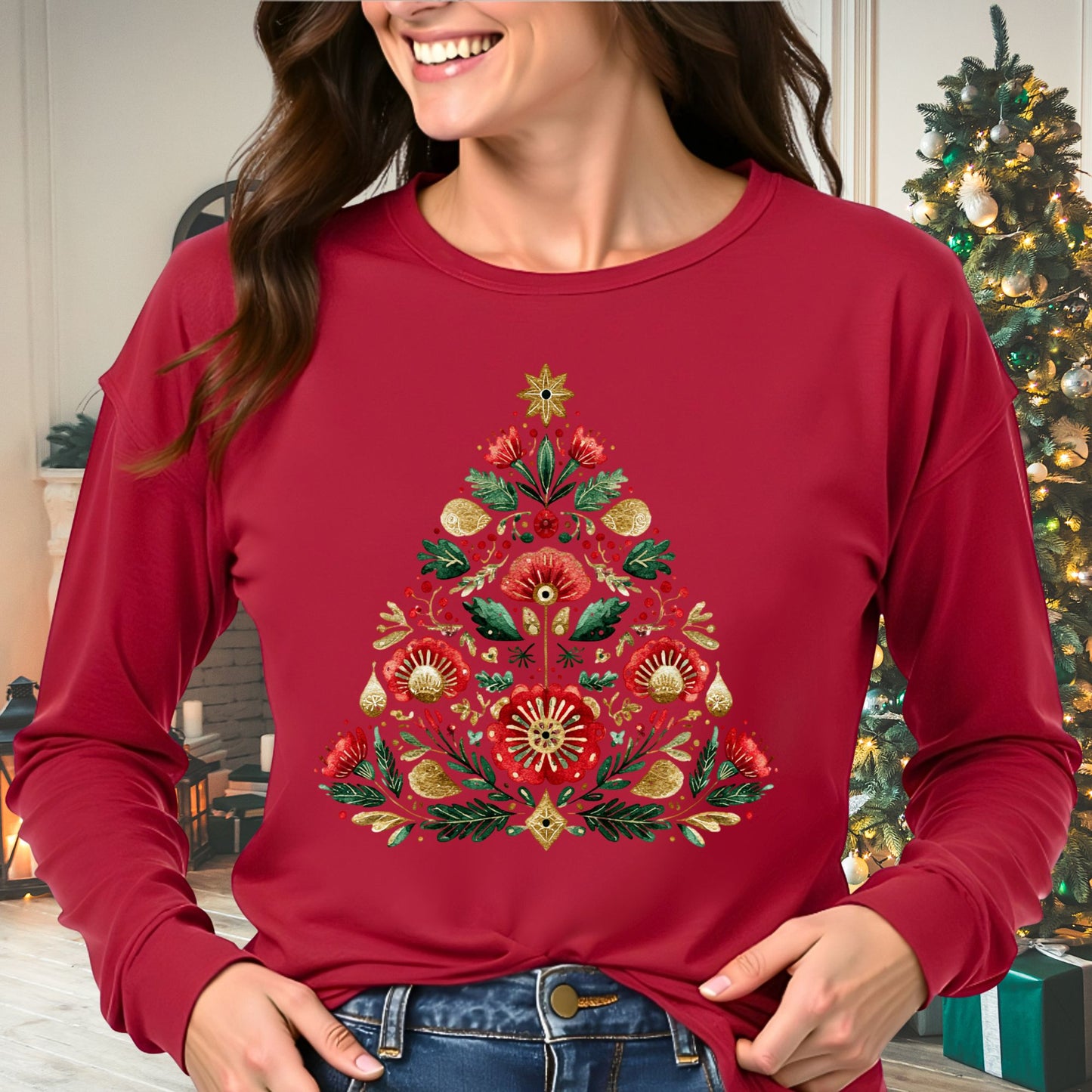 Folk Art Christmas Tree Long Sleeve Tee
