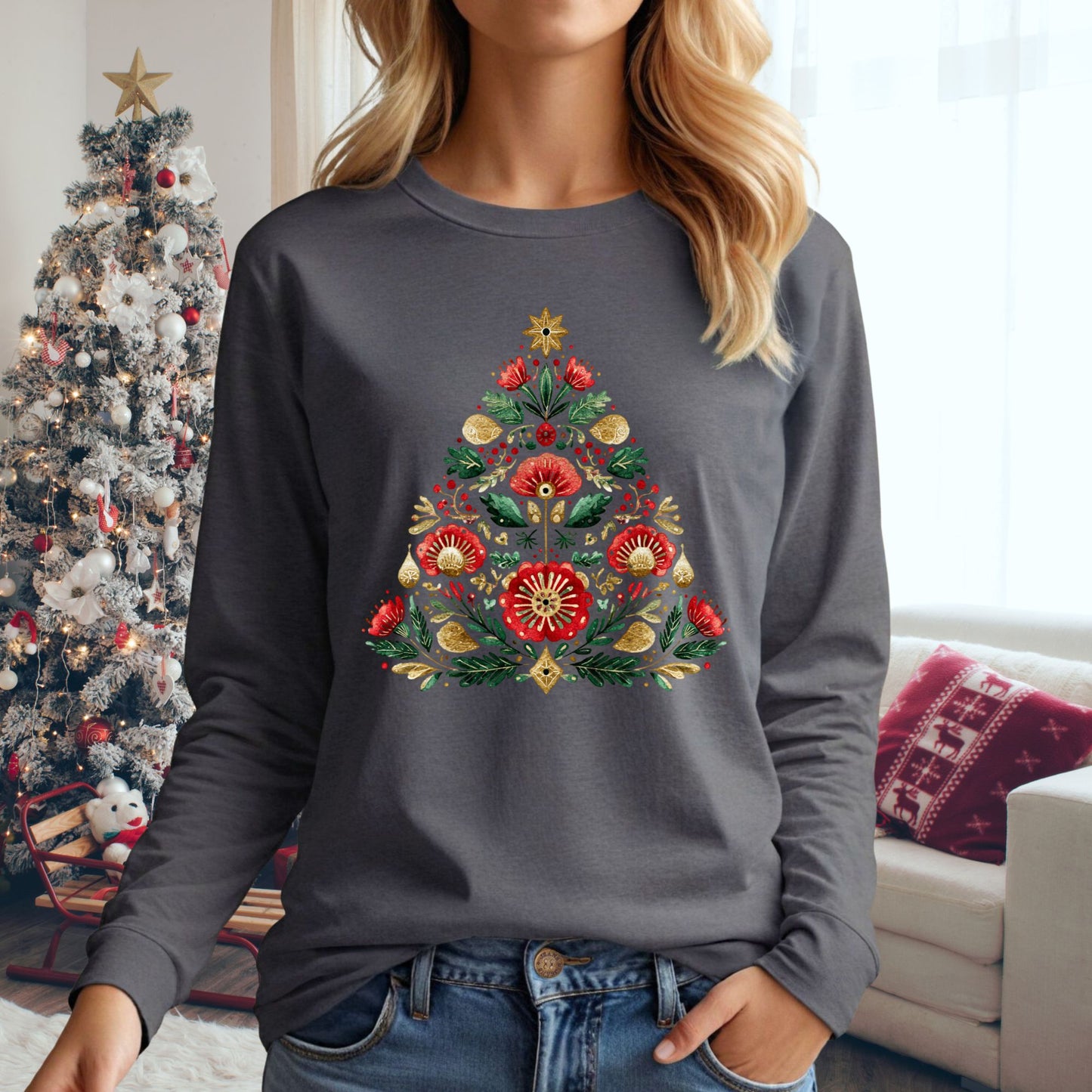 Folk Art Christmas Tree Long Sleeve Tee