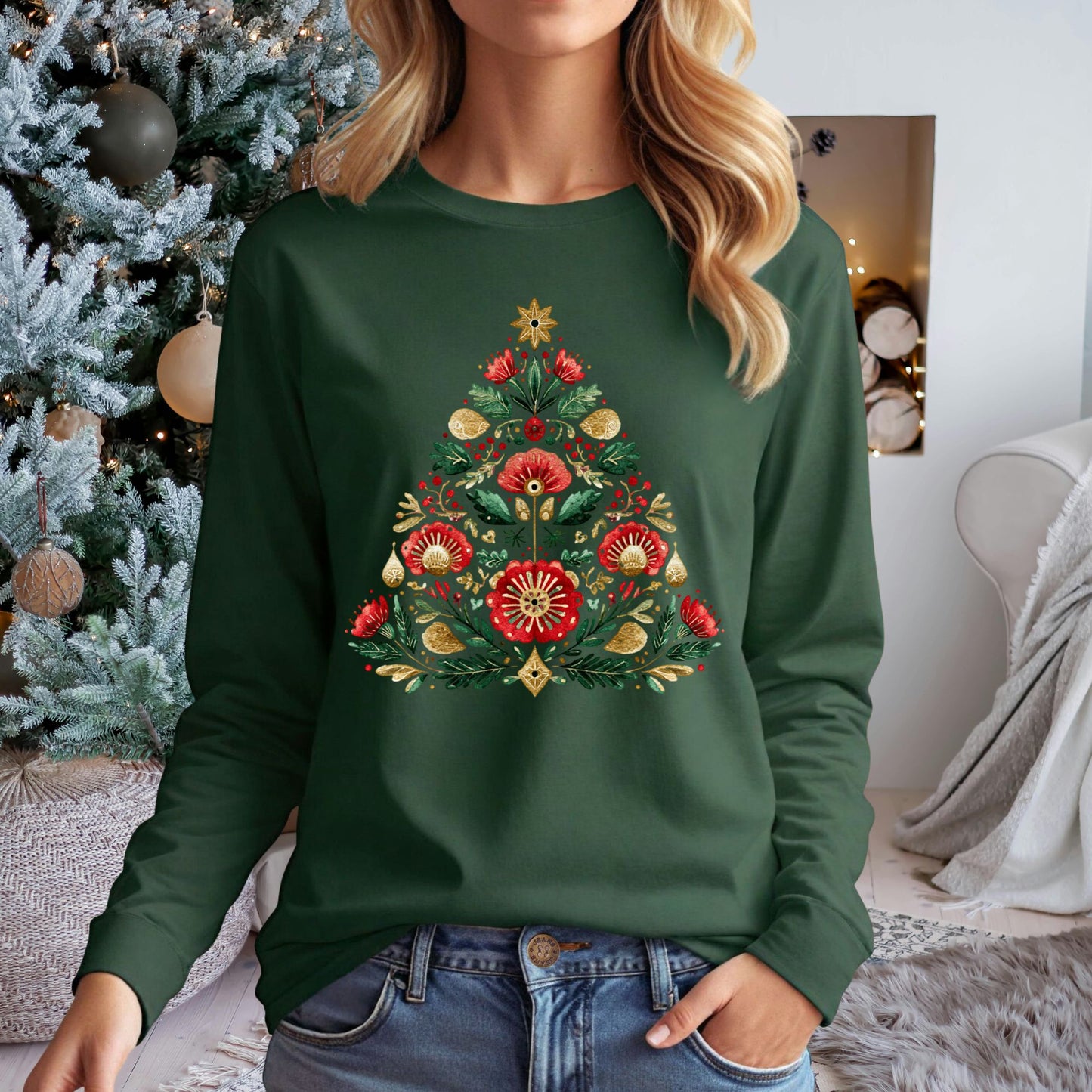 Folk Art Christmas Tree Long Sleeve Tee