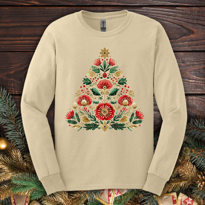 Sand Gildan long sleeve tee with a folk art Christmas tree design in red, green, and gold.