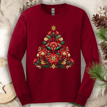 Cardinal Red long sleeve tee with a folk art Christmas tree design in red, green, and gold.