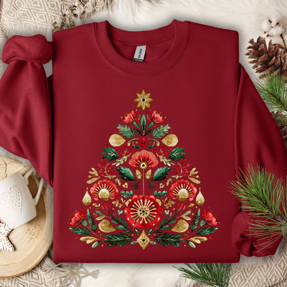 Garnet Gildan sweatshirt with a folk art Christmas tree design in red, green, and gold.