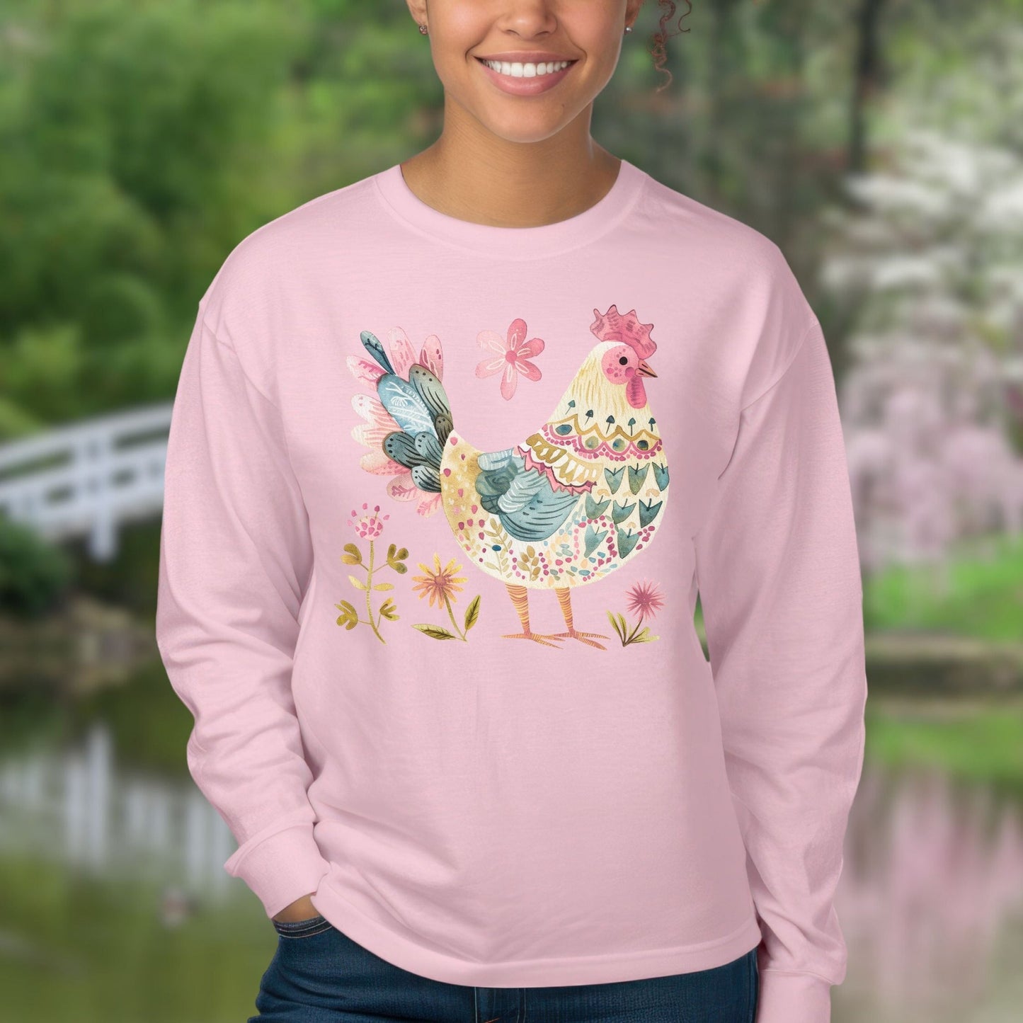 Folk Art Colorful Rooster Long Sleeve Tee