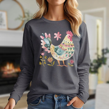 Folk Art Colorful Rooster Long Sleeve Tee