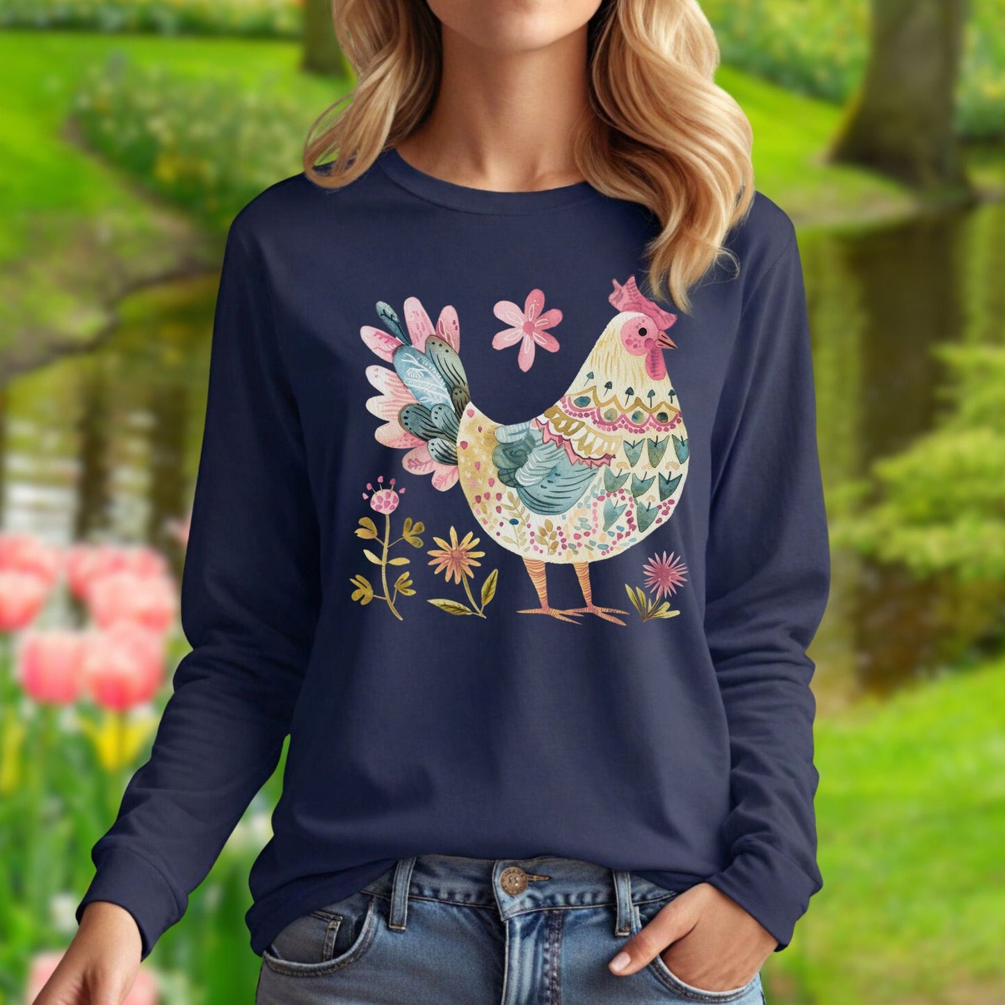Folk Art Colorful Rooster Long Sleeve Tee
