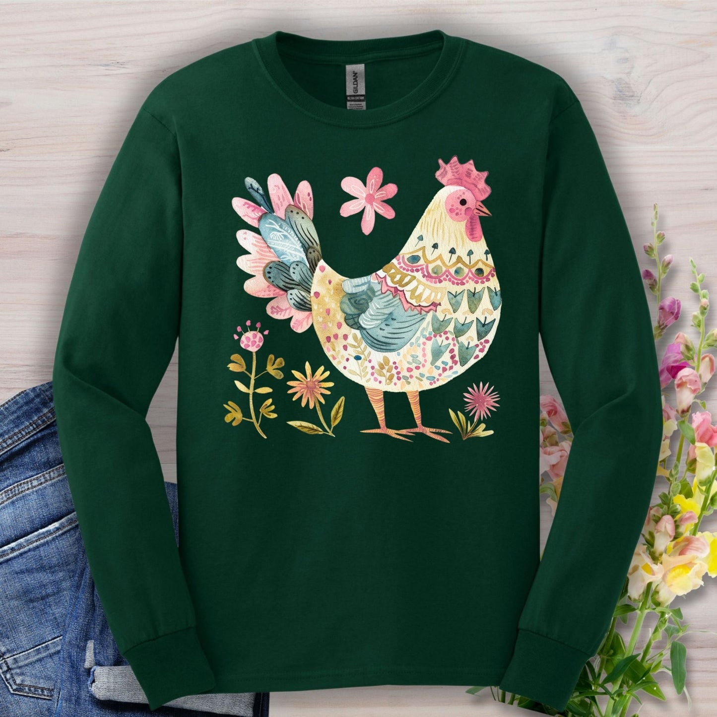Folk Art Colorful Rooster Long Sleeve Tee