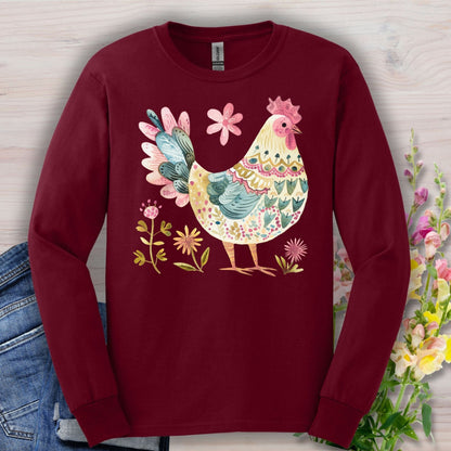Folk Art Colorful Rooster Long Sleeve Tee