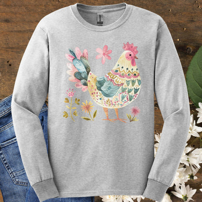 Folk Art Colorful Rooster Long Sleeve Tee