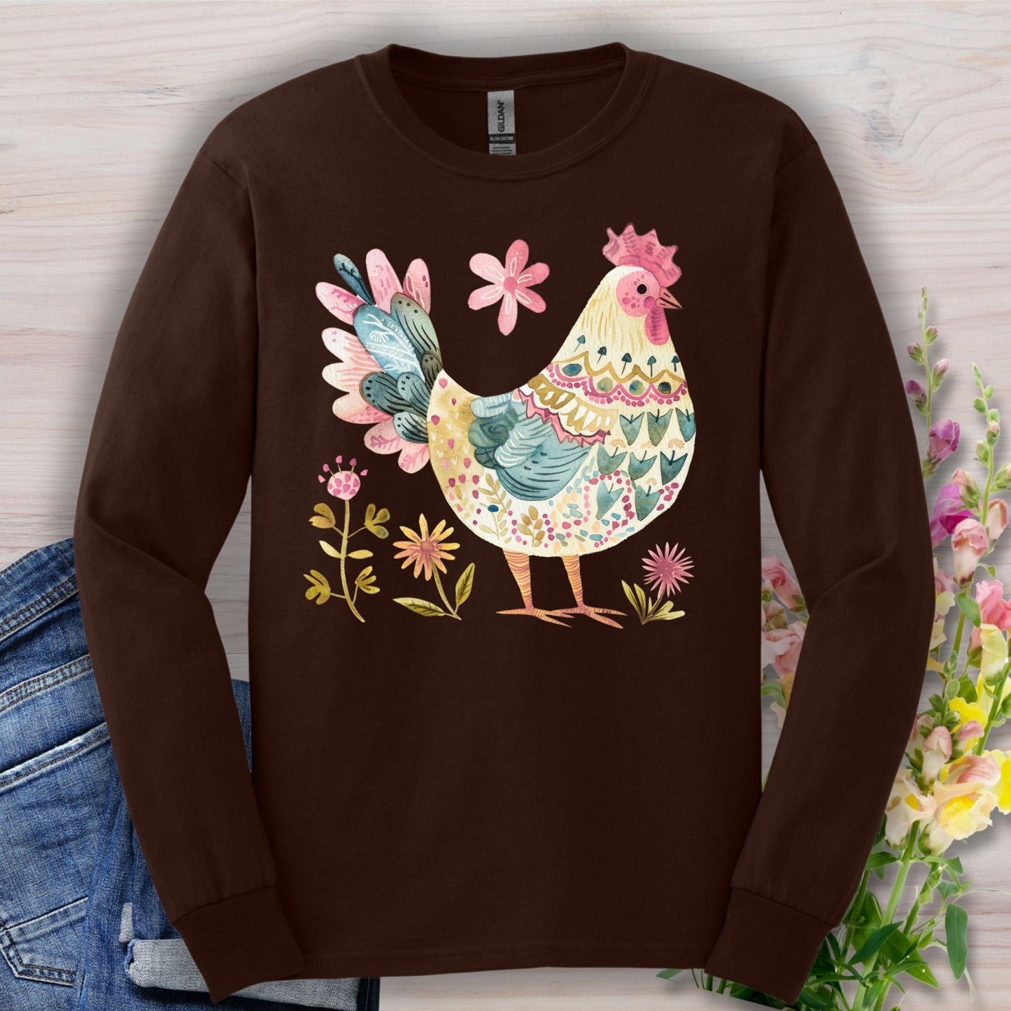 Folk Art Colorful Rooster Long Sleeve Tee