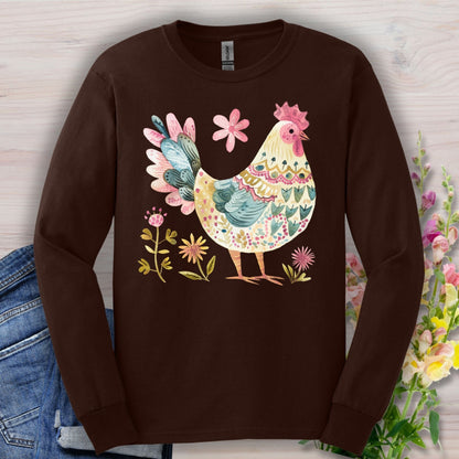 Folk Art Colorful Rooster Long Sleeve Tee