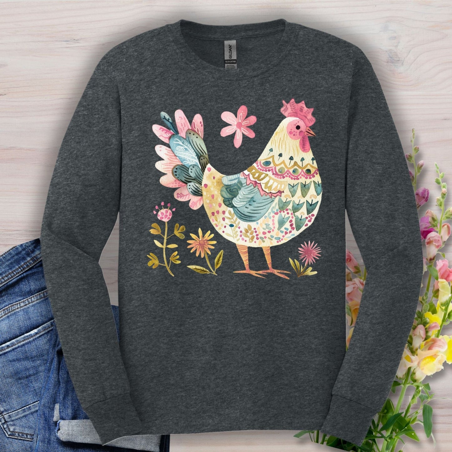 Folk Art Colorful Rooster Long Sleeve Tee