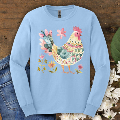 Folk Art Colorful Rooster Long Sleeve Tee