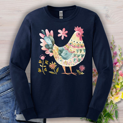 Folk Art Colorful Rooster Long Sleeve Tee