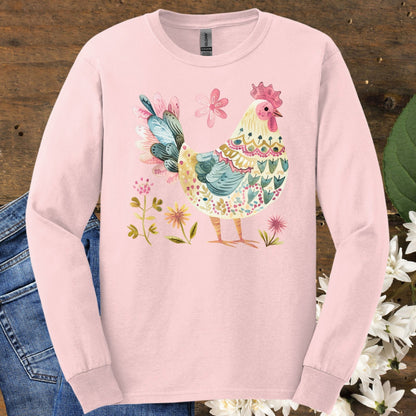 Folk Art Colorful Rooster Long Sleeve Tee