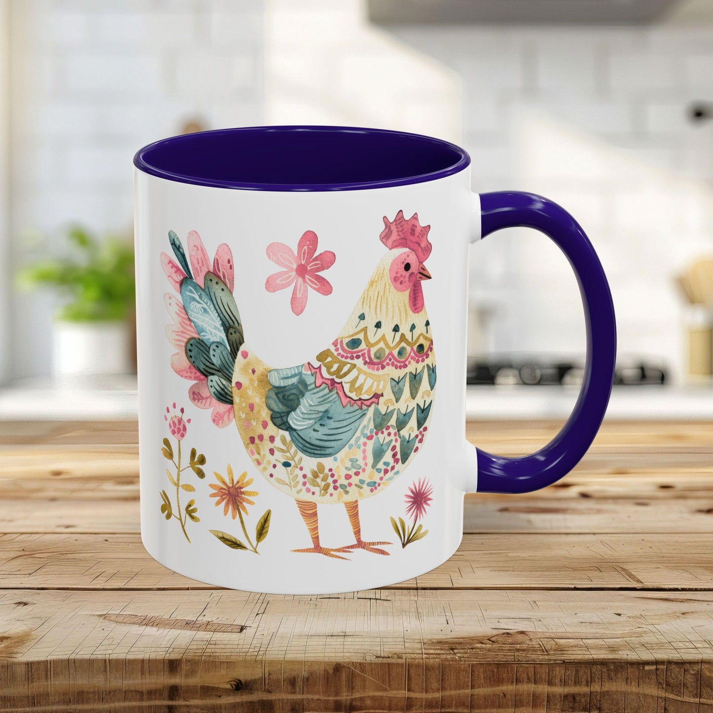 11oz ceramic mug with a colorful watercolor rooster, floral accents, and a blue interior and handle.