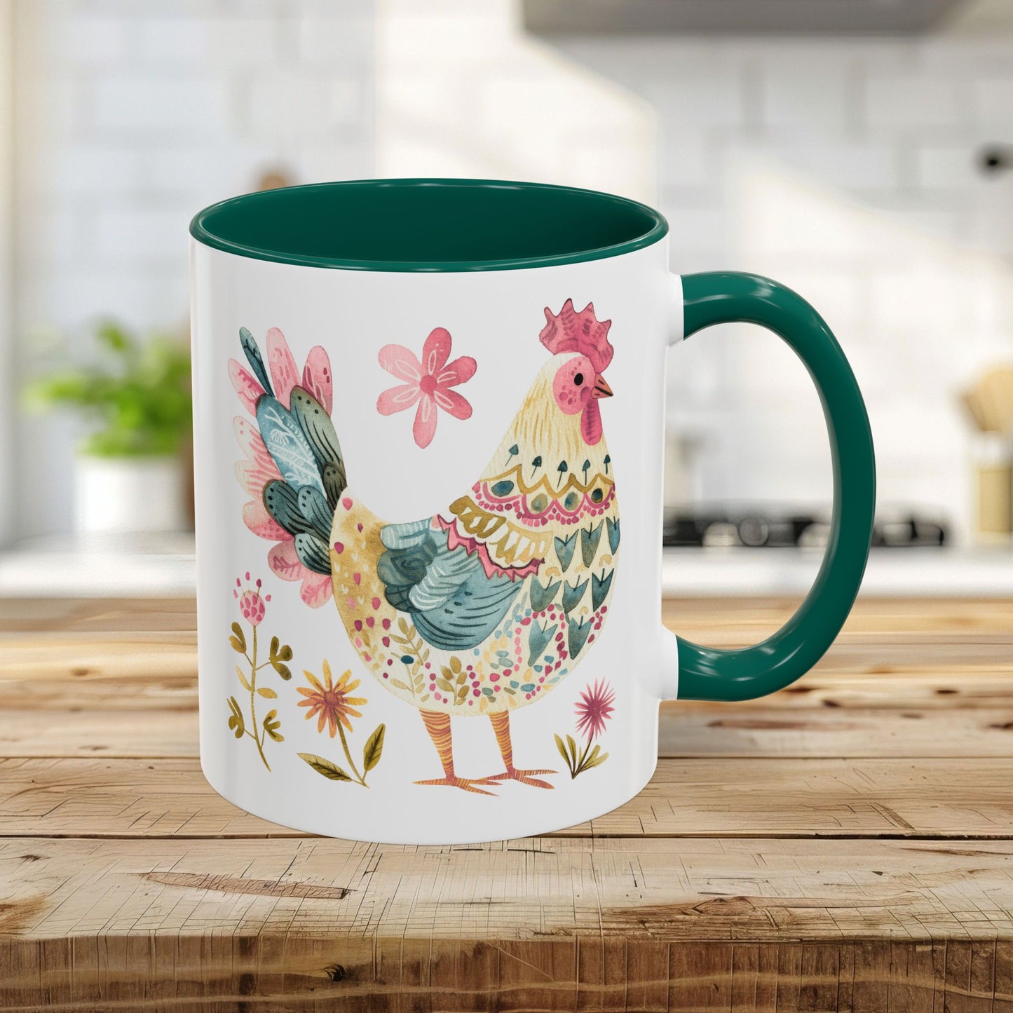 11oz ceramic mug with a green interior/handle and a colorful watercolor rooster design.