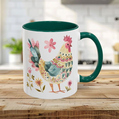 11oz ceramic mug with a green interior/handle and a colorful watercolor rooster design.