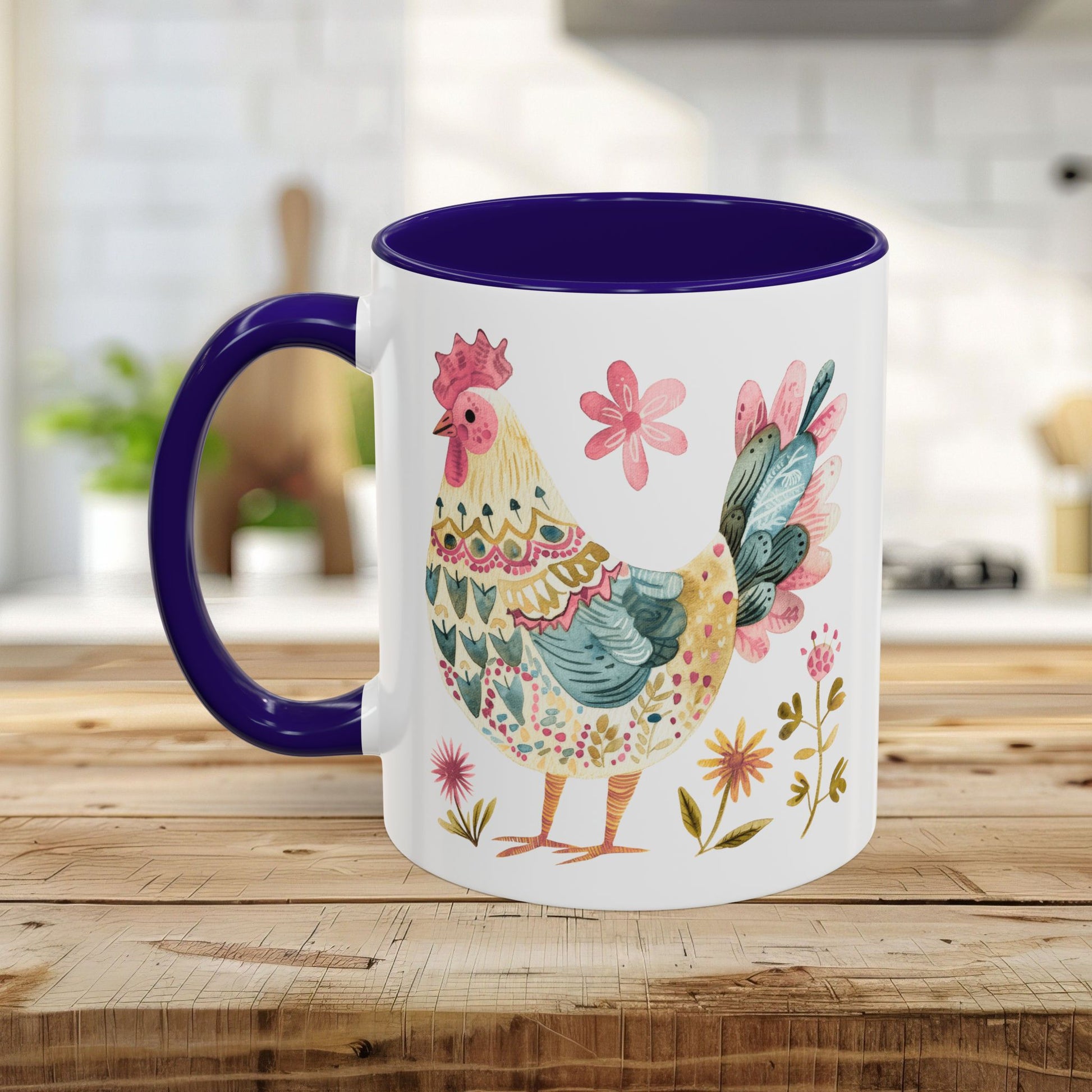 White ceramic mug with a colorful watercolor folk art rooster, purple interior, and C-shaped handle.