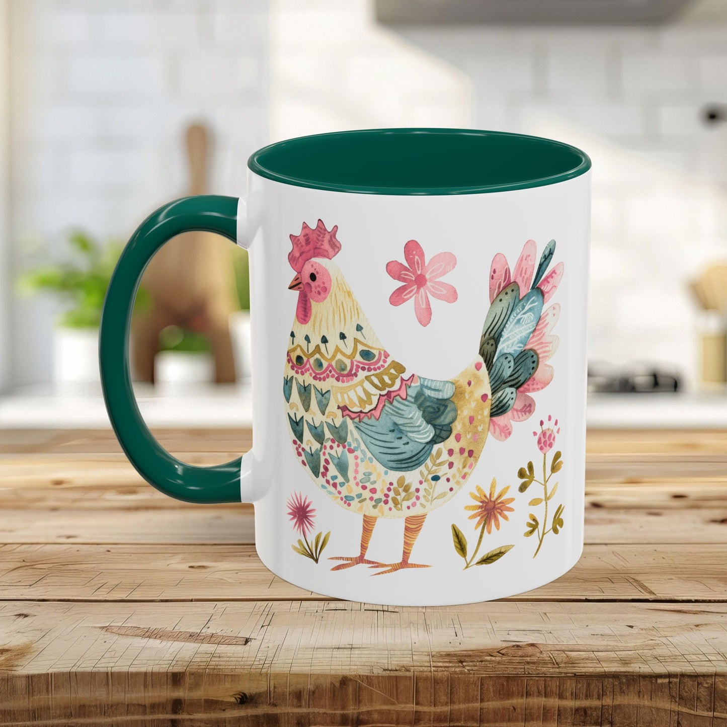 White ceramic mug with a colorful watercolor folk art rooster, green handle, and interior.