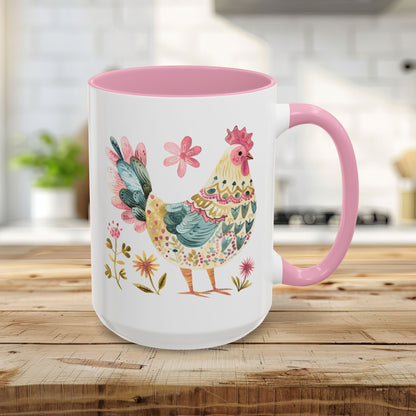 15oz ceramic mug with a pink interior/handle and a whimsical watercolor rooster design.