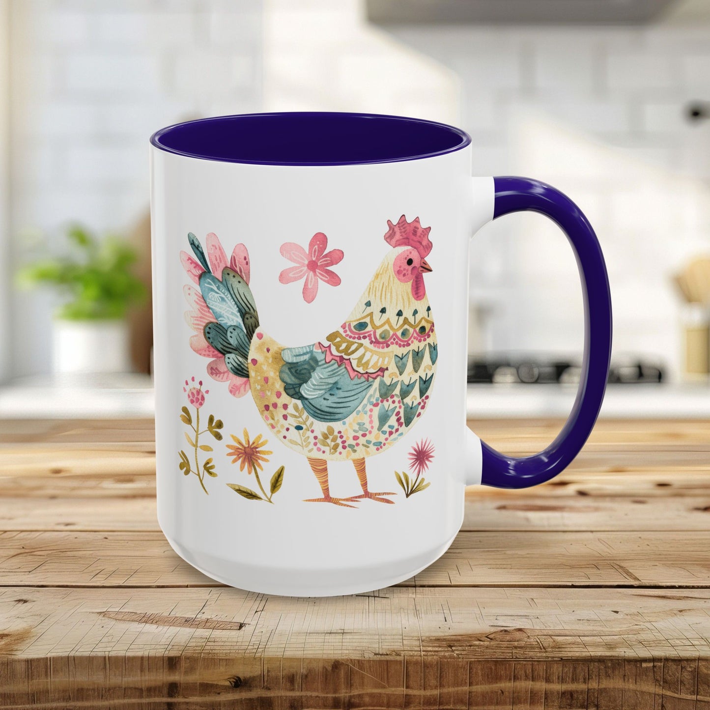 15oz ceramic mug with a colorful watercolor rooster and floral design, featuring a blue interior and handle.
